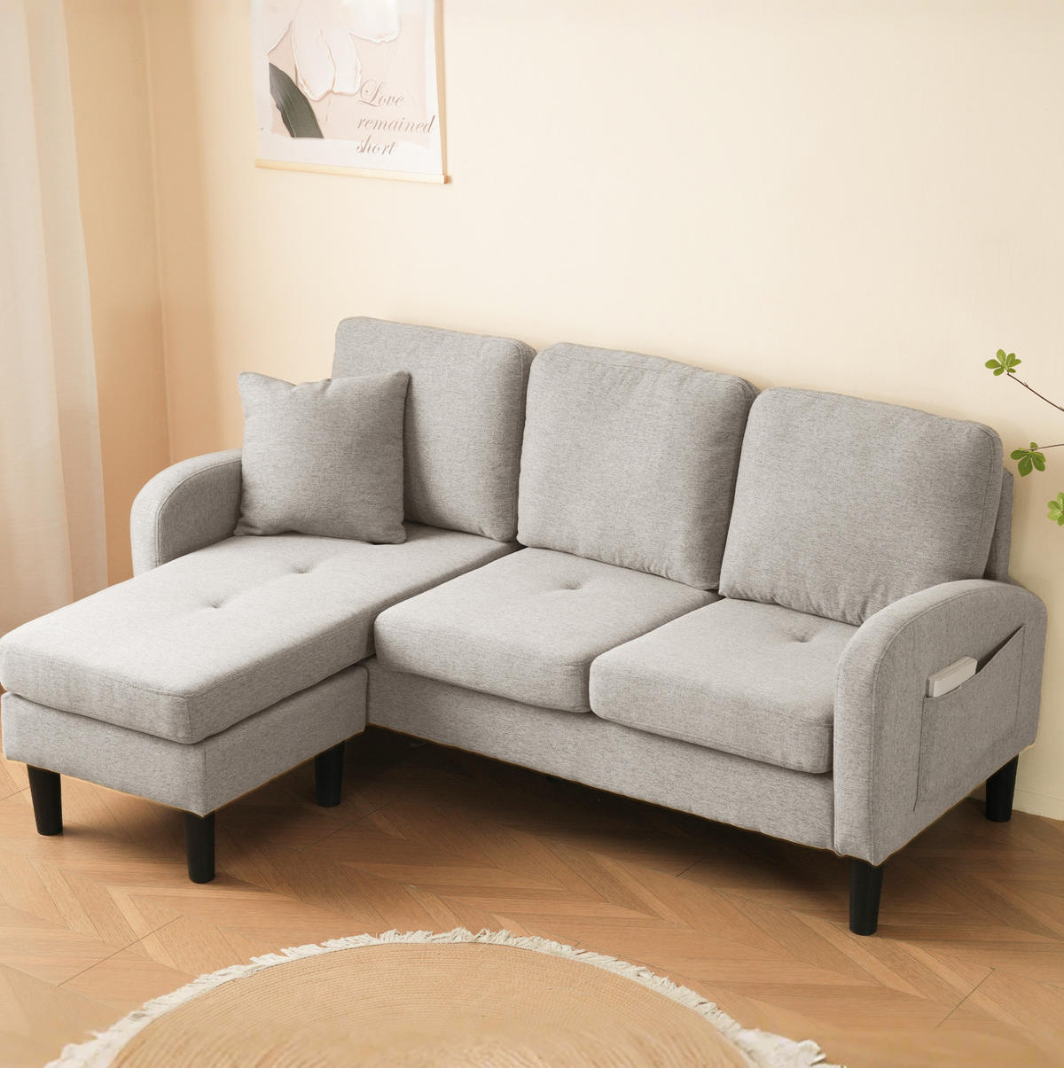 ECKSOFA mit Baumwoll-Leinen-Bezug Beige-Grau/Weiß 166x118x77 cm mit flexibler Chaiselongue - Weiß, Kunststoff (118/166cm) - IVMEU