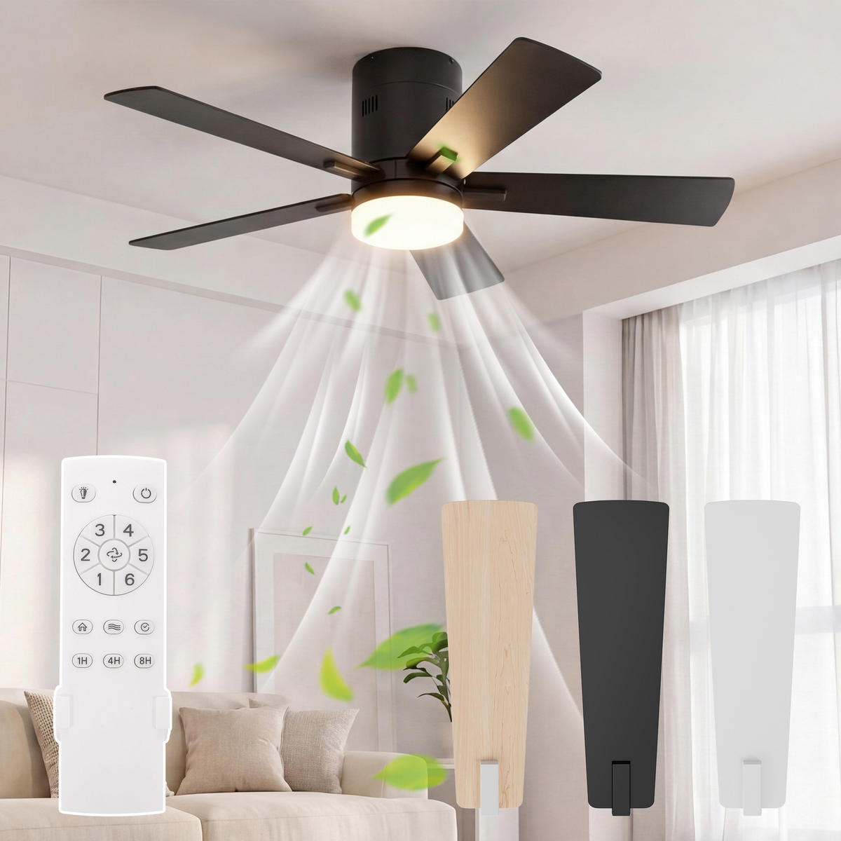 DECKENVENTILATOR mit LED-Licht, 106,6 cm, Schwarz, 6 Stufen & Timer - Schwarz, Metall (106.6/106.6/28cm) - EuroLiving