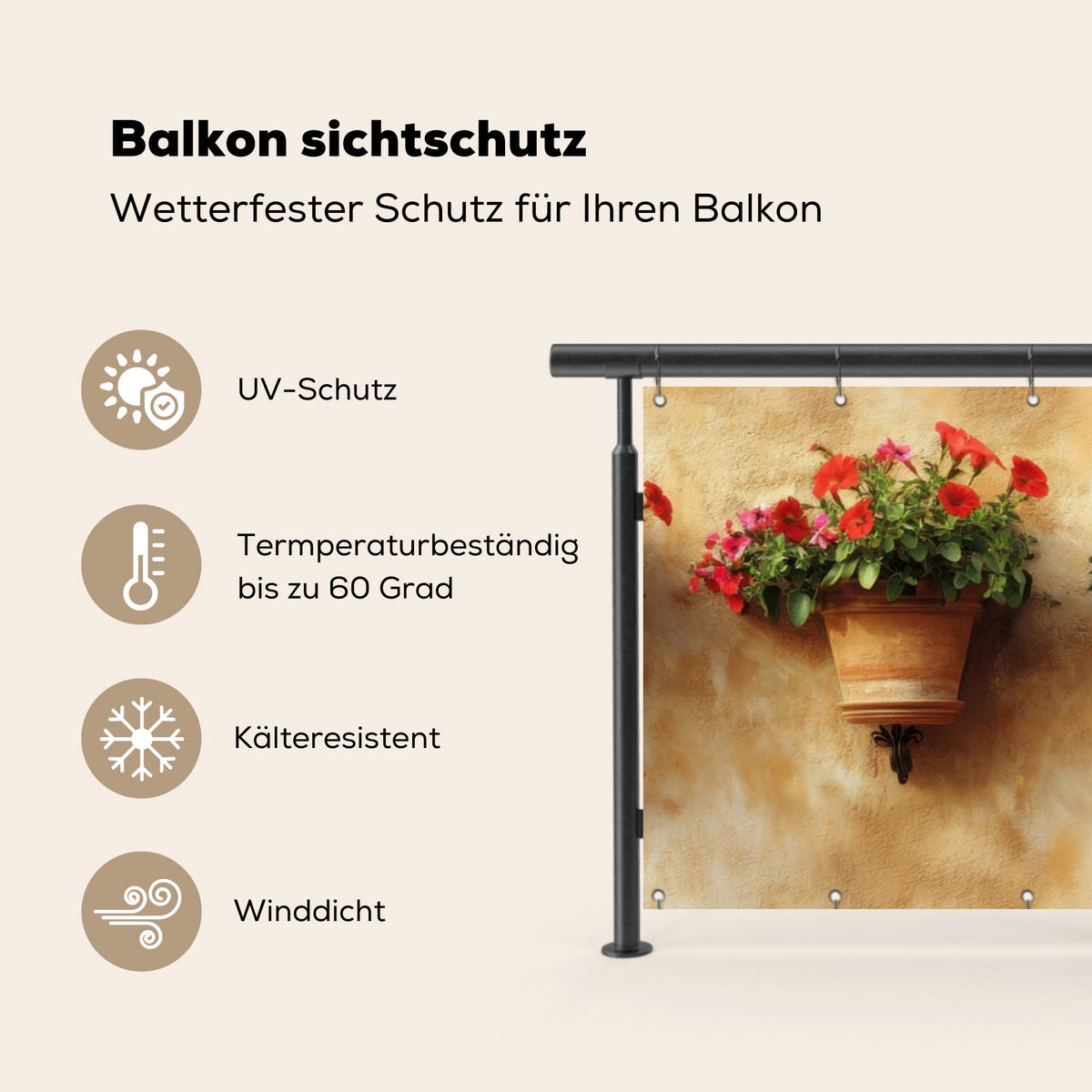 BALKON-SICHTSCHUTZ Blumentöpfe - Wand - Vintage - Terracotta, Kunststoff (300/100cm) - MuchoWow