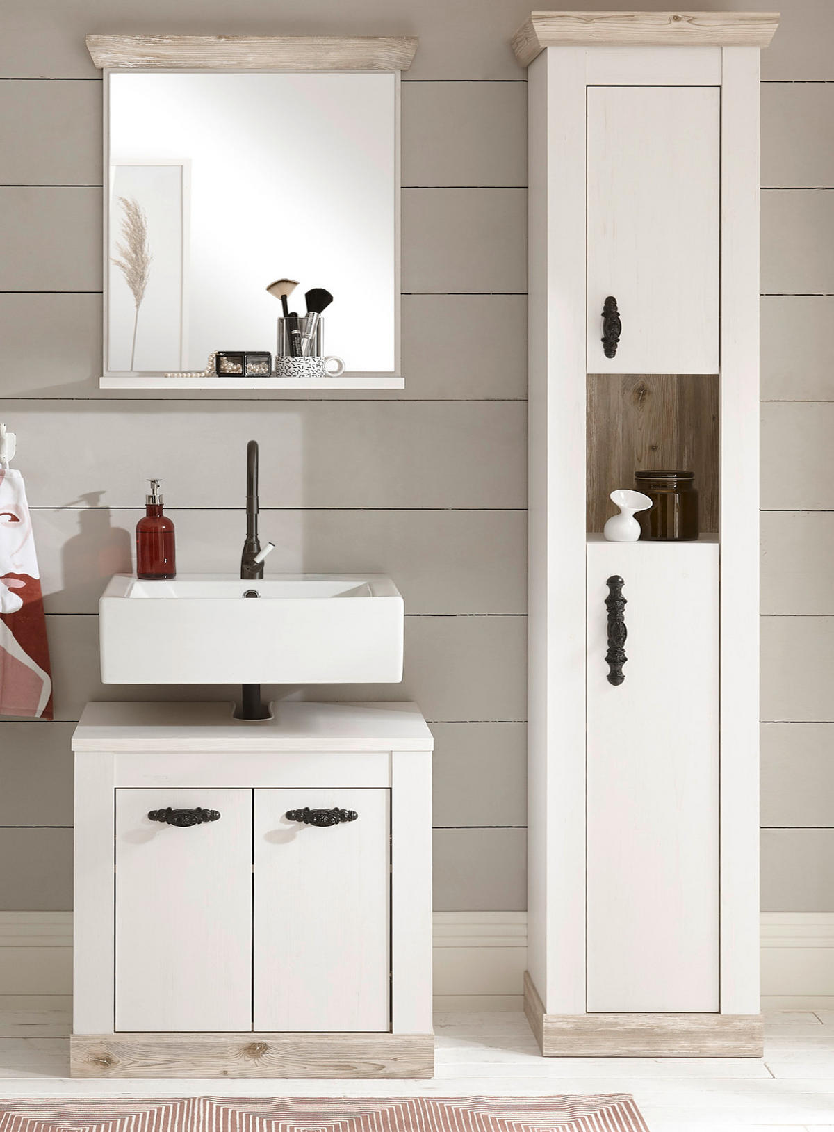 BADKOMBINATION Pinie weiß, Oslo Pinie Landhaus, Badmöbel Set 3-tlg., 122 x 200 cm - Dunkelgrau/Weiß, Holzwerkstoff/Metall (122/200/46cm) - Furn.Design