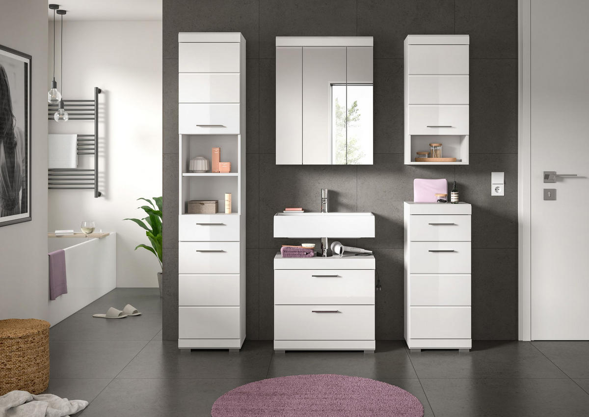 BADKOMBINATION 5tlg. Scout Bad in weiß Nachbildung und weiß hochglanz B/H/T: 164x191x34 cm - Weiß, Holz (164/191/37cm)