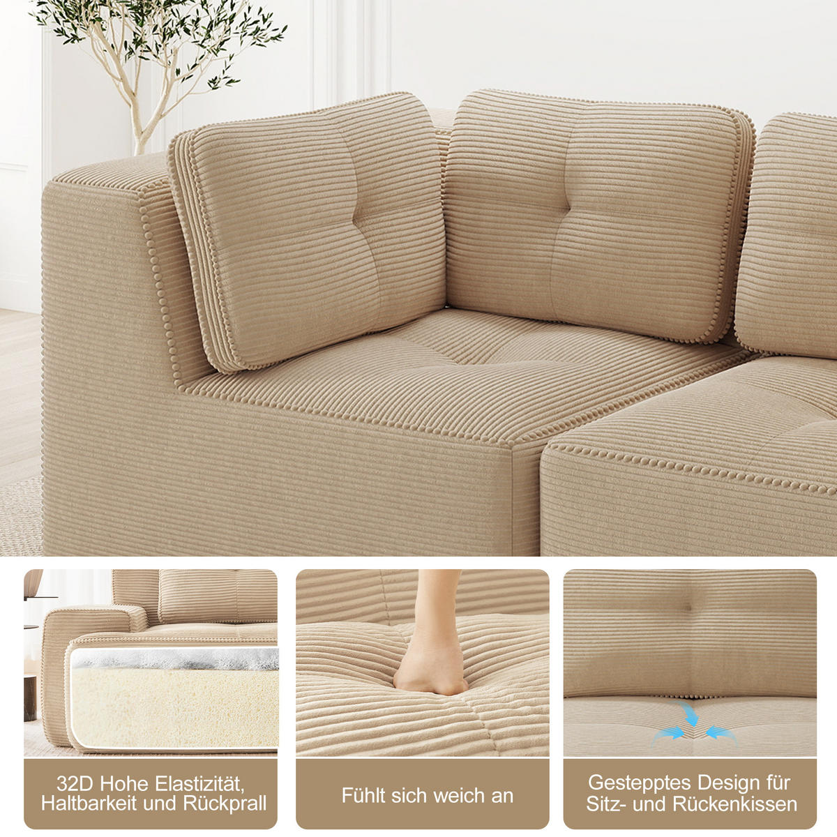 2-SITZER Sofa 208x104x69 cm aus Cordstoff rahmenlos modular, beige - Beige, Textil (104/69/208cm)