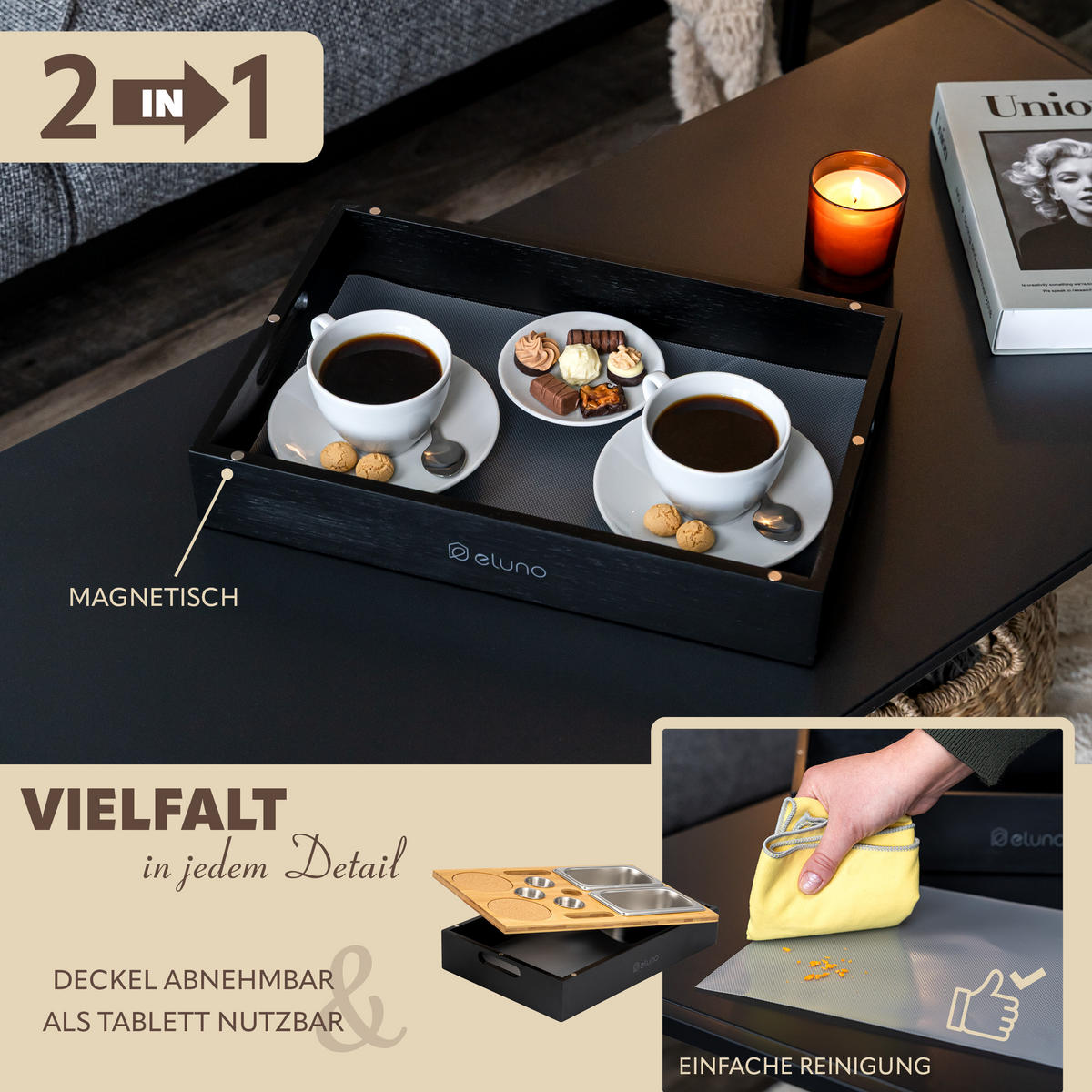 COUCHBAR mit abnehmbarem Deckel, Bambus, schwarz - Anthrazit, Holz (27.5/8/40cm) - eluno