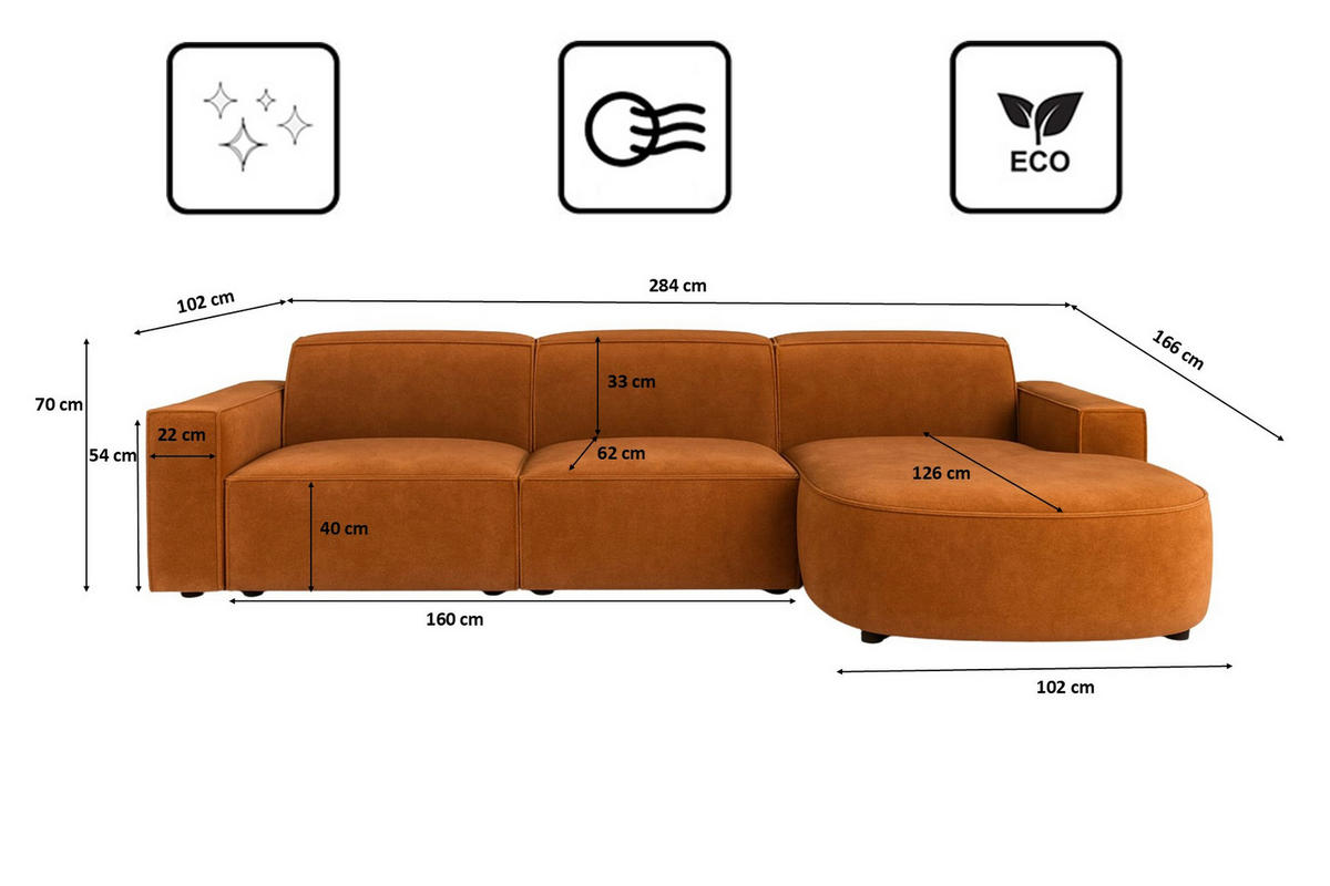ECKSOFA Cursal Round L-Form, Stoff Salvador, Braun, Rechts - Braun, Holz (284/166cm) - Kaiser Möbel