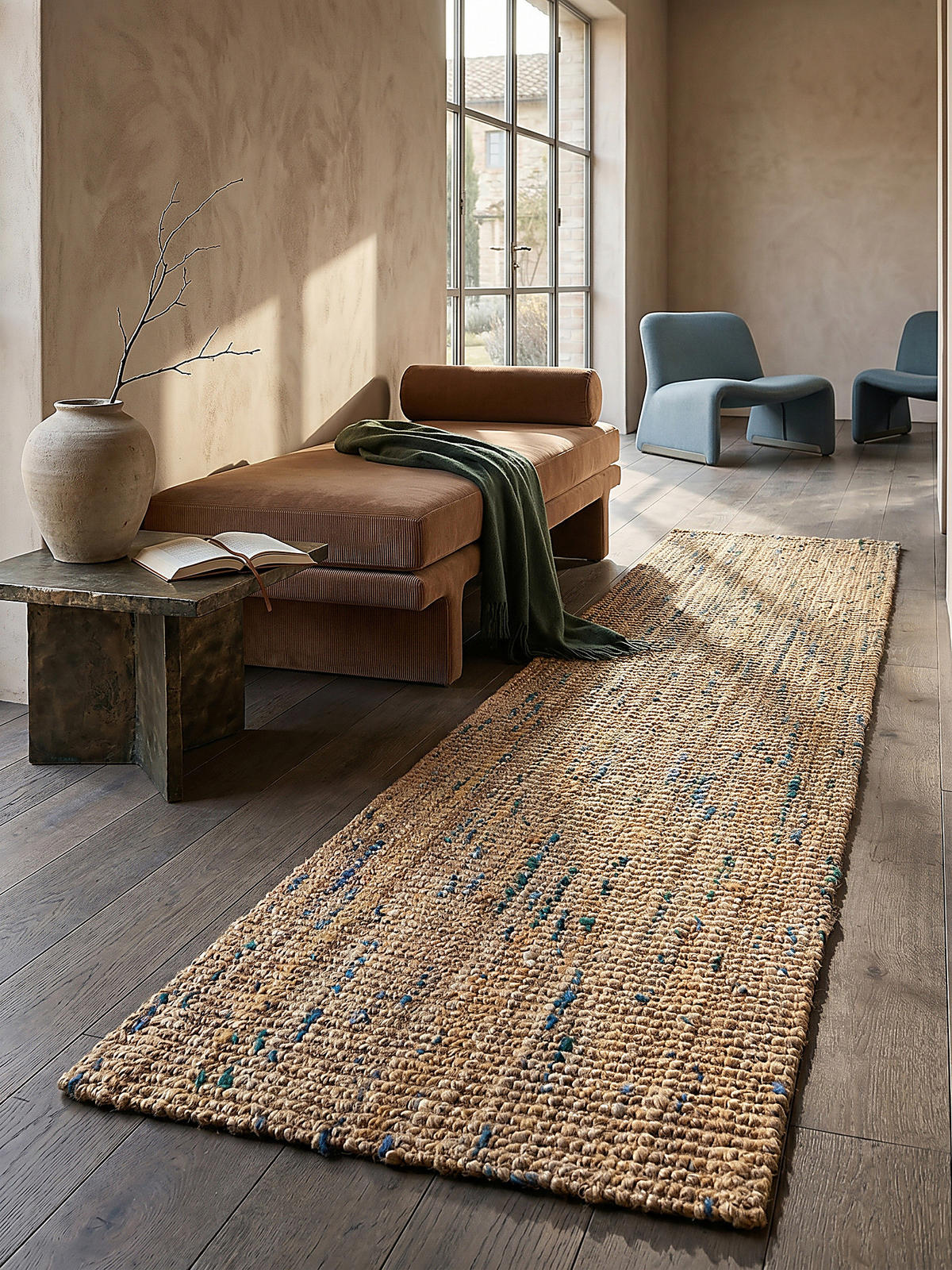JUTETEPPICH handgewebt ERME, in Naturjute, Natur-Blau, 60 x 230 cm - Beige, Textil (60/230cm) - KADIMA DESIGN