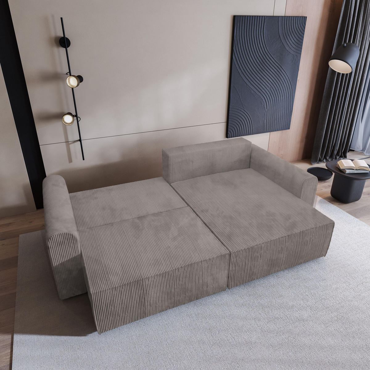 ECKSOFA FIANO P Beige Kordstoff mit Schlaffunktion - Beige, Holz (245/148cm) - MASSENO