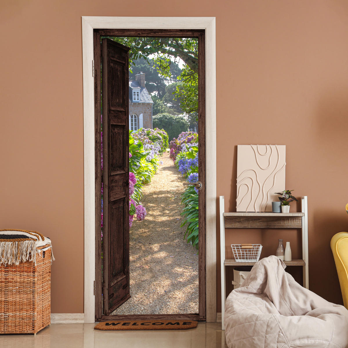 TÜRAUFKLEBER Selbstklebend - Fensterblick - Hortensie - Tür - Blumen - Natur 95x235 cm - Türtapete - Beige, Kunststoff (95/0.1cm) - MuchoWow