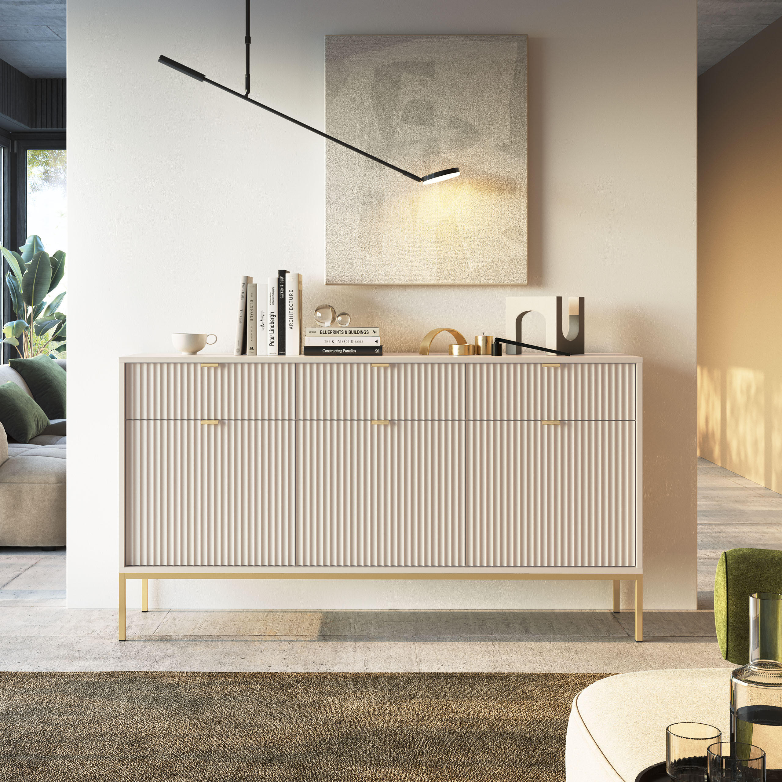 SIDEBOARD STELLARE 154/83/39cm mit 3 Schubladen 3 Türen Kaschmir - Kaschmir/Goldfarben, Holzwerkstoff (154/83/39cm) - MASSENO