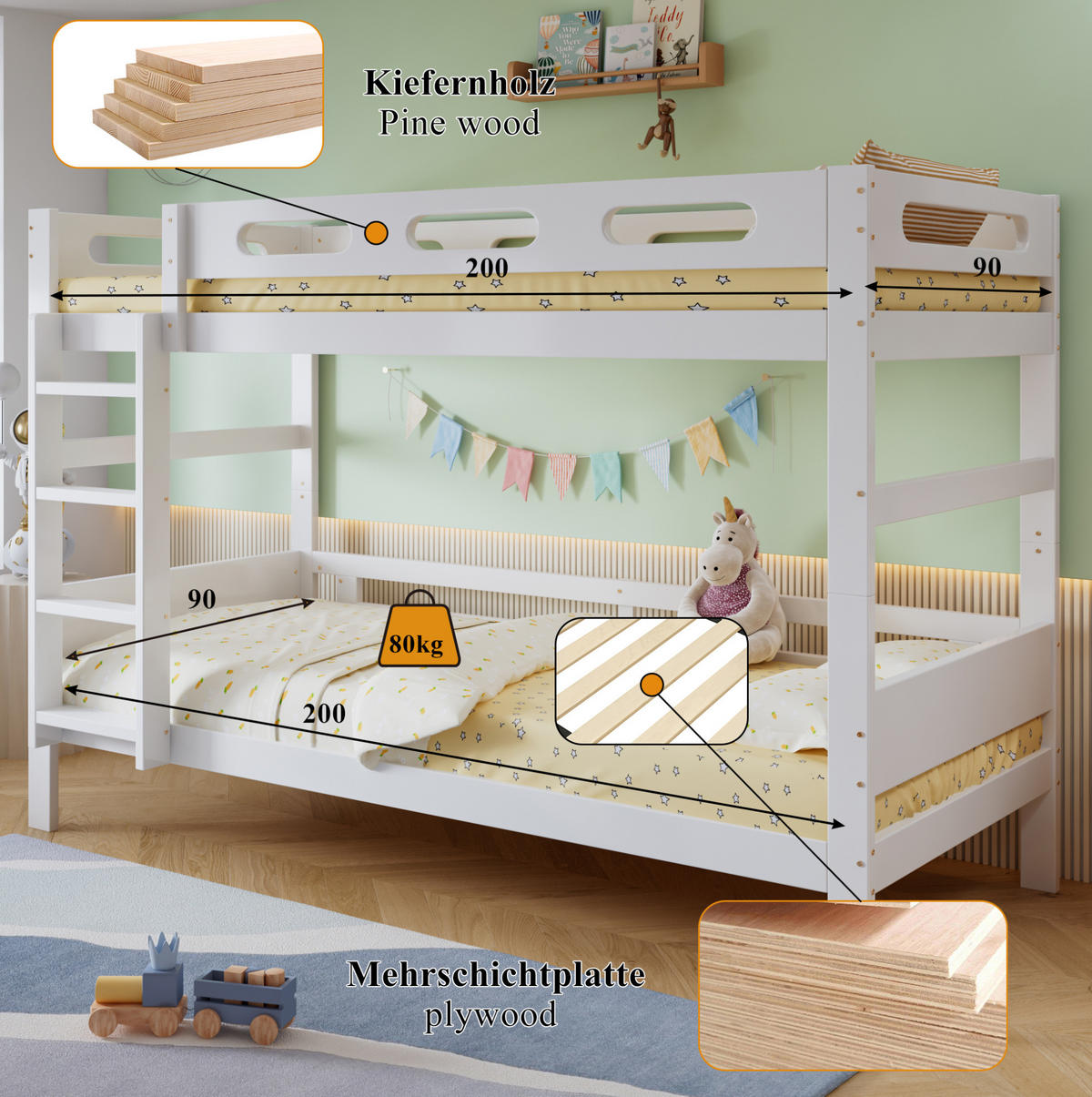 ETAGENBETT 90/200 cm aus Kiefer, MDF und Sperrholz mit Absturzsicherung und Leiter Weiß - Weiß, Holz (90/200cm) - Modenvie