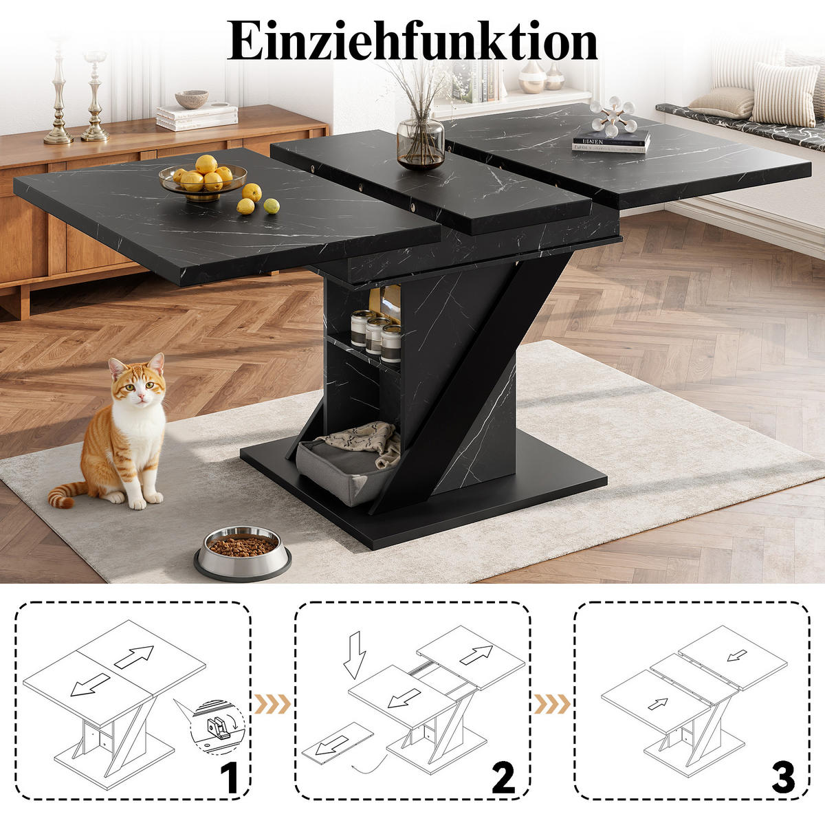 ESSTISCH Teleskop 110-140x80Cm Marmoroptik Schwarz - Schwarz, Holzwerkstoff (80/110/75cm) - FLIEKS