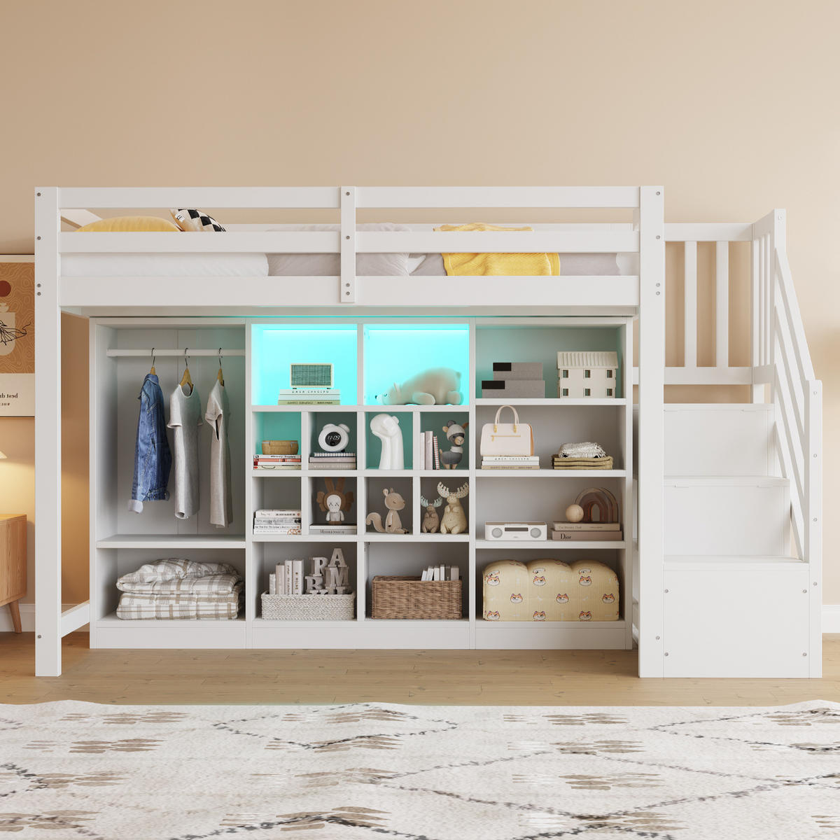 HOCHBETT 90/200 cm aus Holz mit Stauraum, Kleiderschrank und LED-Beleuchtung Weiß - Weiß, Holz (90/200cm) - Modenvie