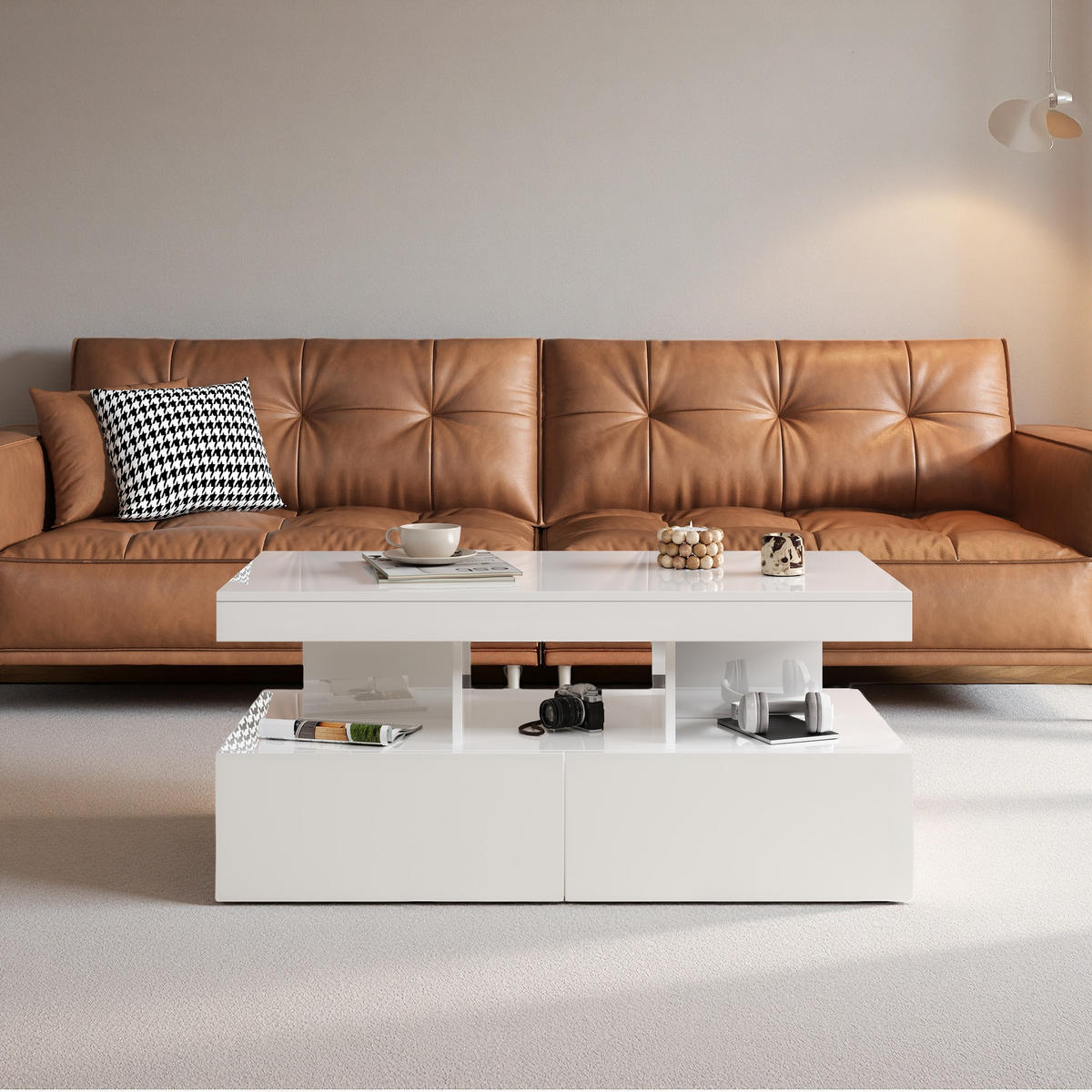 COUCHTISCH hochglanz weiß mit LED und zwei schubladen - Weiß, Metall (104/53/46cm) - SHOPENTRA