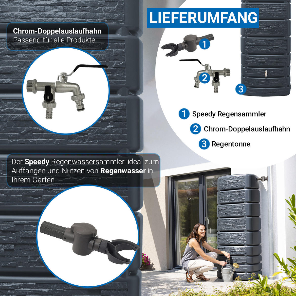 REGENTONNE Wandtank Komplett-Set 500 L, graphite grey inkl. Chrom-Doppelauslaufhahn und Fallrohranschluss - Grau, Kunststoff (75/184/51cm) - 4rain