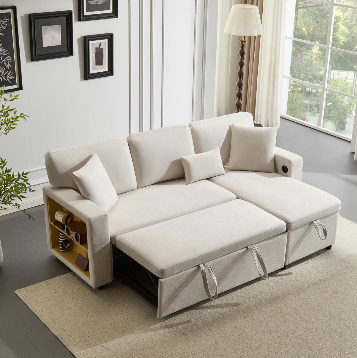 ECKSOFA L-Form Schlafcouch mit Stauraum und USB-Anschluss Samt Beige 214/131/87 cm - Beige, Textil (214/131cm) - OKWISH