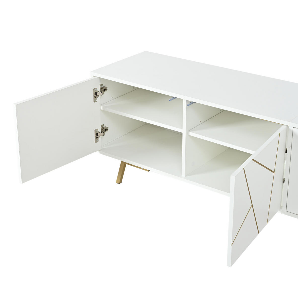 TV STOLEK bílý se 4 dvířky a 5 kovovými nohami, do obývacího pokoje, pro TV do 85", 190 × 40 × 51,5 cm - bílá/zlatá, kov/kompozitní dřevo (190/51.5/40cm) - STILVORA