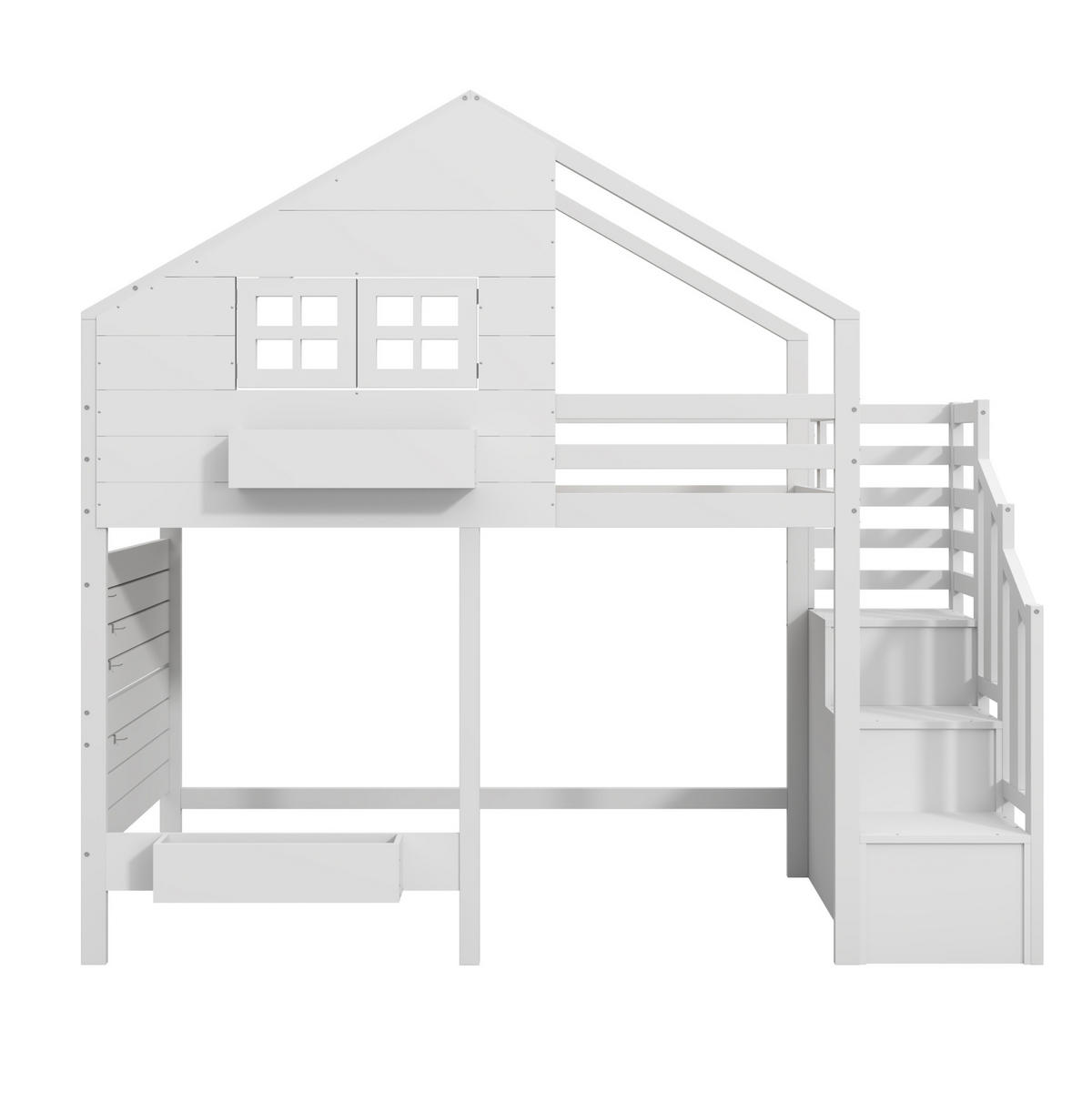 ETAGENBETT 90/200 cm Weiß aus Kiefer Massivholz mit Stauraumtreppe und Fenster - Weiß, Holzwerkstoff (90/200cm) - OKWISH