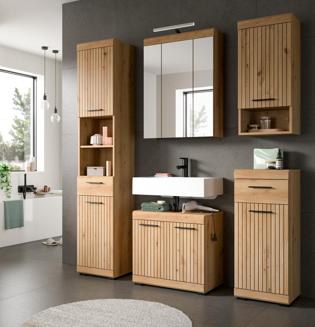 HÄNGESCHRANK Eiche Artisan 74 x 79 cm, Badschrank hängend 2-türig - Schwarz/Eiche Artisan, Holzwerkstoff/Kunststoff (74/79/24cm) - Inn.Furn