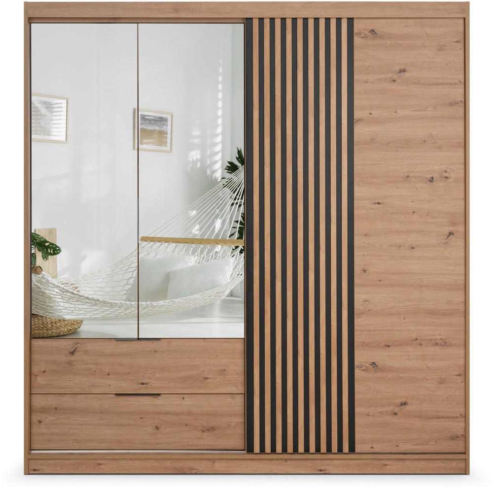 DREHTÜRENSCHRANK Madero mit Spiegel und 2 Schubladen, 203 cm, eiche Artisan - Eiche Artisan, Holzwerkstoff (203/213/60cm) - Beautysofa