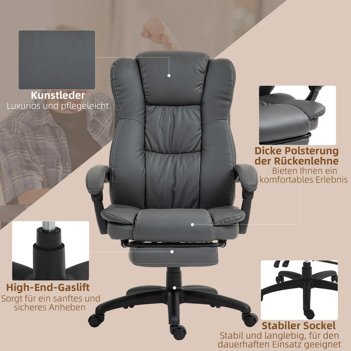 DREHSTUHL 68,5/68,5/113-121 cm dunkelgrau aus Kunstleder mit Massagefunktion und Fußstütze - Dunkelgrau, Leder (68.5/121/68.5cm) - OKWISH