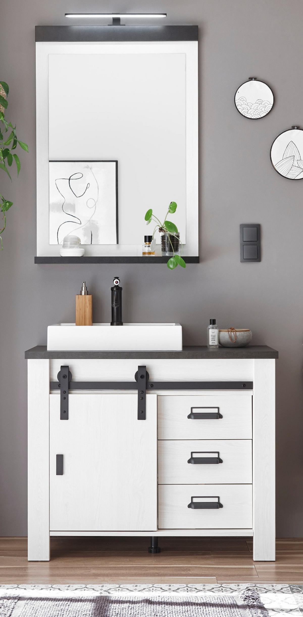 BADMÖBEL-SET 4-teilig weiß Pinie, anthrazit, Badkombination mit Waschbecken und LED - Anthrazit/Weiß, Holzwerkstoff/Metall (95/210/43cm) - Furn.Design