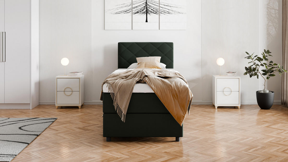 BOXBETT Diamaro 90x200 cm mit Bettkasten und Topper - Dunkelgrün - Grün, Holz (90/200cm) - Panda Möbel