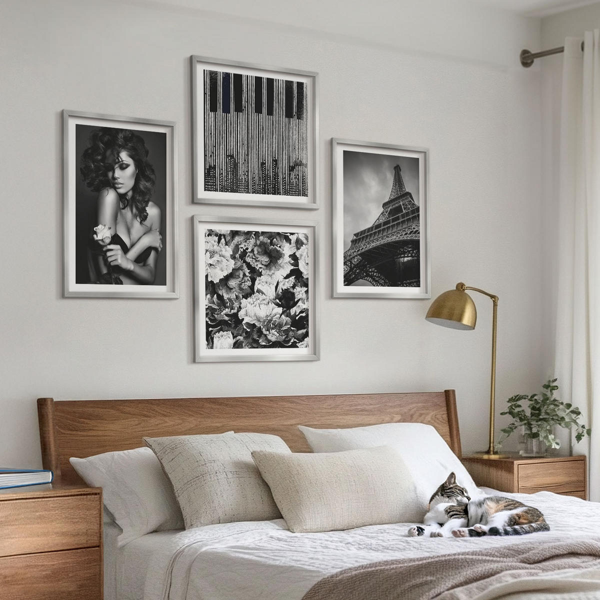 WANDBILDER 4er Set - 50x50 cm & 40x60 cm Silberner Rahmen - Porträt einer Frau mit einer Eiffel-Rose - Silberfarben, Kunststoff (50/50cm) - ArtPrintCave