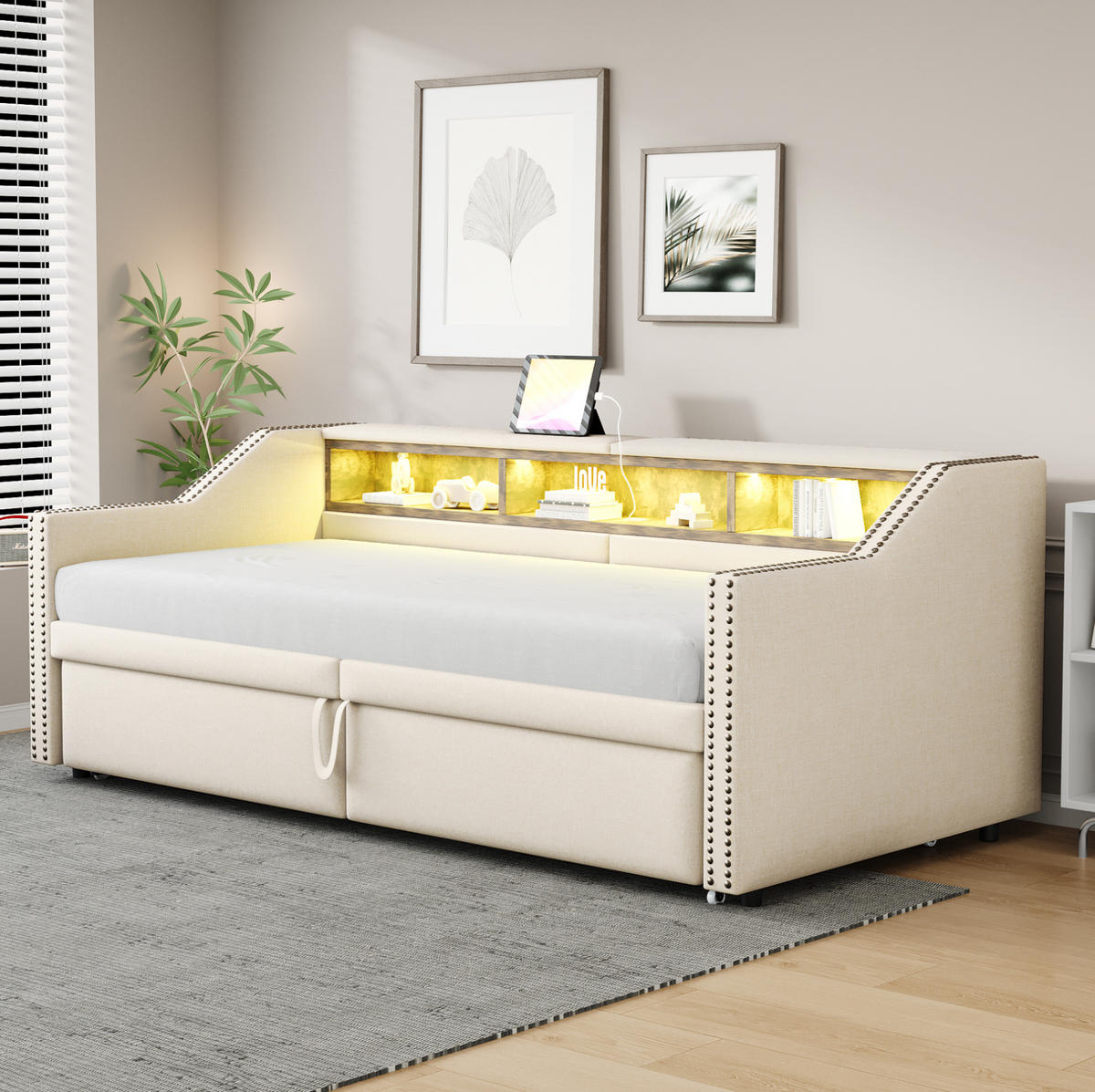 POLSTERBETT 90/180/200 cm Beige aus Leinen mit Ausziehbett - Beige, Textil (90/200cm) - OKMYHOME