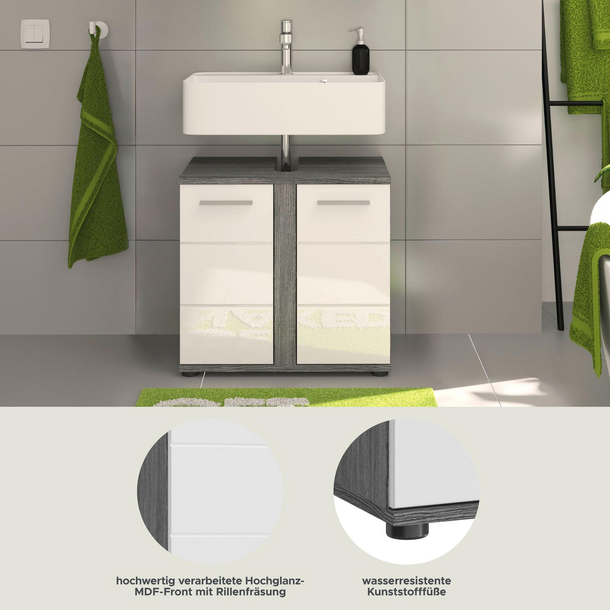 WASCHBECKENUNTERSCHRANK Blake Bad in Rauchsilber Nb. und weiß hochglanz B/H/T: 60x57x34 cm - Silberfarben, Holz (57/60/34cm)