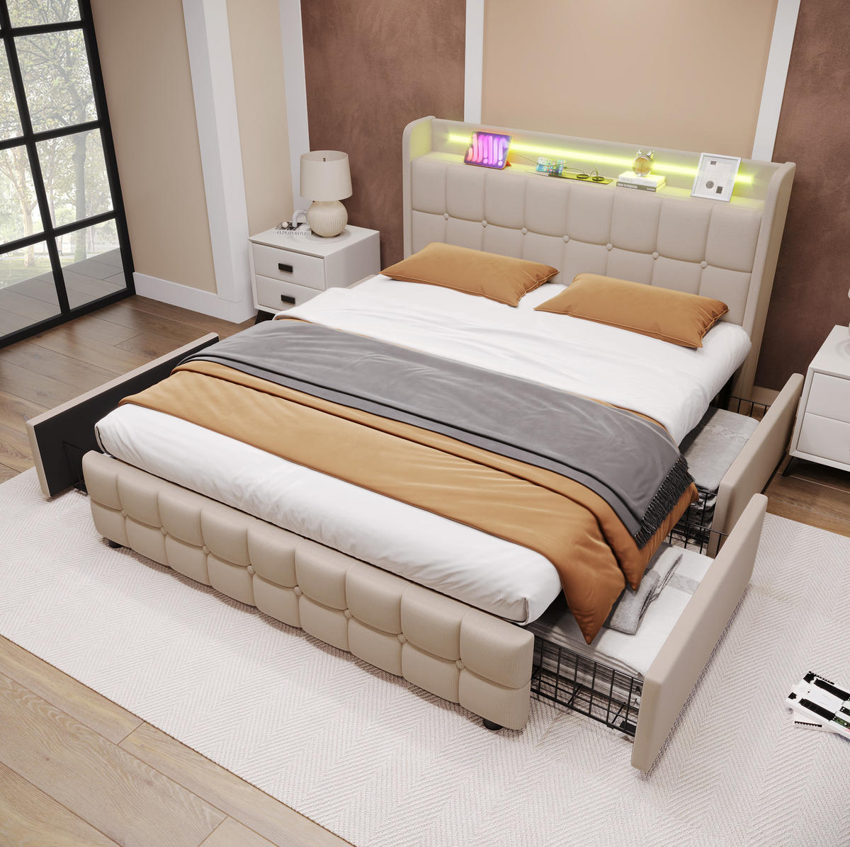 ČALOUNĚNÁ postel 140x200 cm béžová z dřeva s USB, LED a 4 zásuvkami s matrací - béžová, kompozitní dřevo (140/200cm) - OKWISH