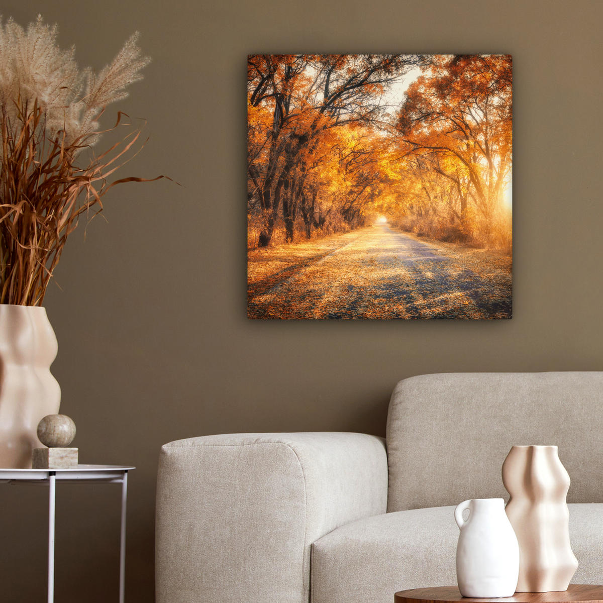 LEINWANDBILD Wald - Herbst - Bäume - Waldweg - Natur 50x50 cm - Bernsteinfarben, Textil (50/50cm) - MuchoWow