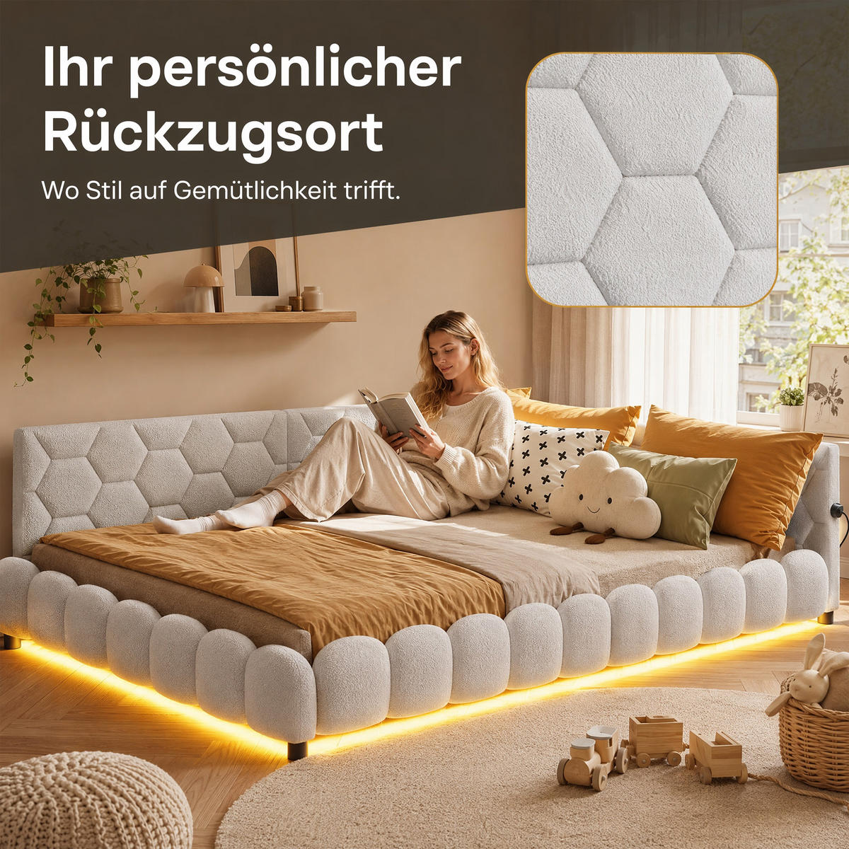 POLSTERBETT 140x200 mit USB und LED, Doppelbett 140x200 cm mit Lattenrost, Jugendbett, Samt, Weiß - Weiß, Holz/Textil (140/200cm) - GENKI LIVING