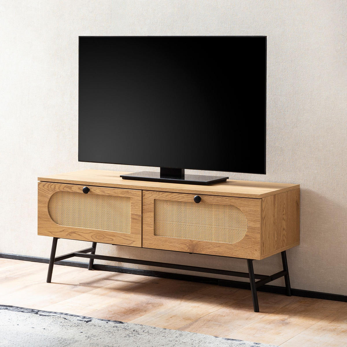 LOWBOARD Eiche-Dekor Rattan Modern Stil 100x45x40 cm mit Schubladen - Schwarz/Braun, Holzwerkstoff/Metall (100/45/40cm) - KADIMA DESIGN