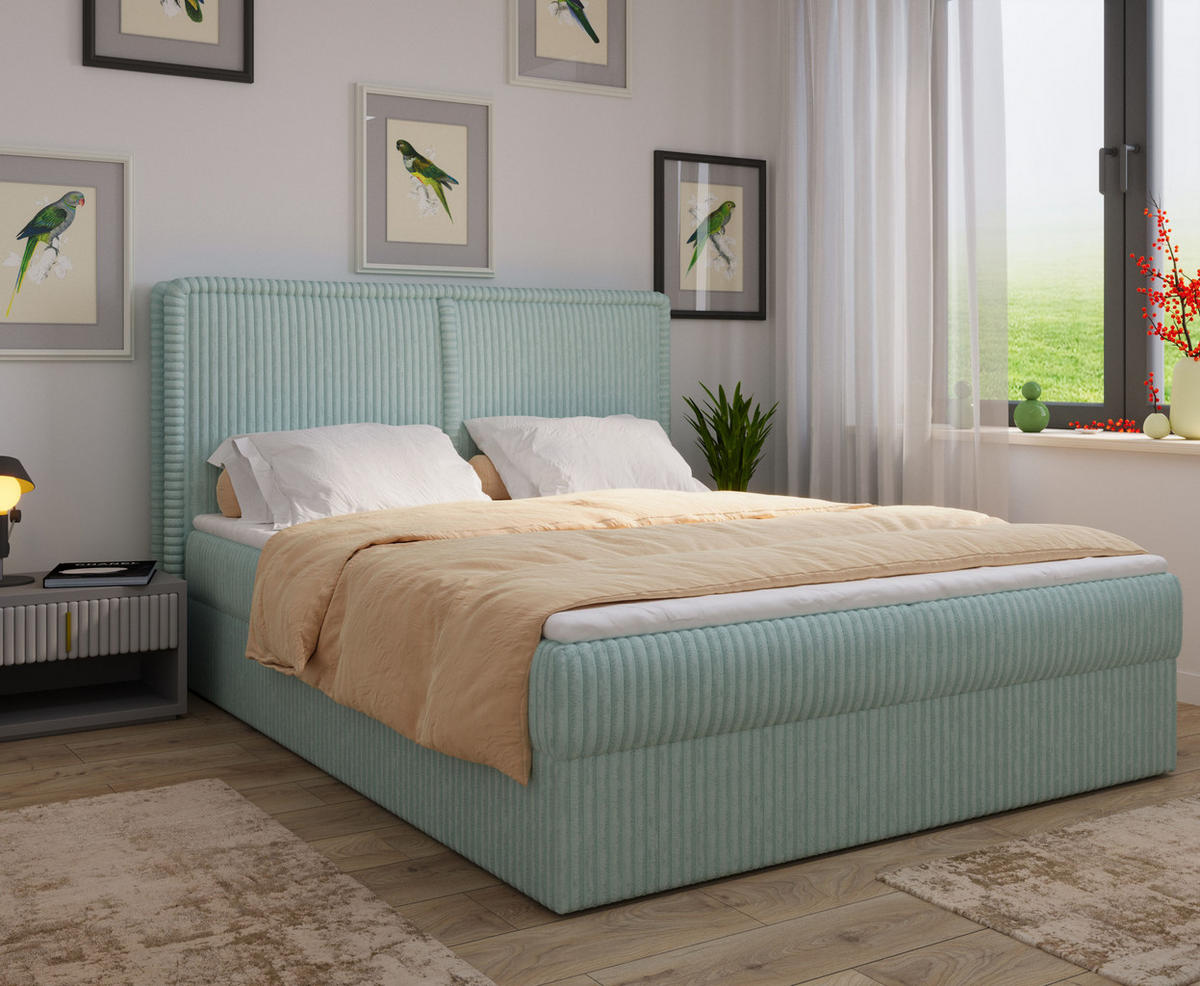 BOXBETT 04 140 x 200 cm - Ambience – Modernes Polsterbett mit Bettkasten, Topper und gepolstertem Kopfteil, Stoffbezug, Stauraumbett - Mintgrün, Holz (140/200cm) - ROYAL24_MARKT
