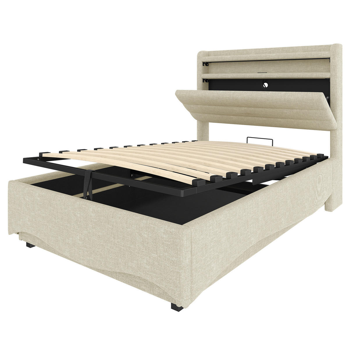 POLSTERBETT 90/200 cm mit LED-Beleuchtung, USB- und Typ-C-Anschluss, hydraulischem Bettkasten und Ablagefach, Beige - Beige, Textil (90/200cm) - Redom