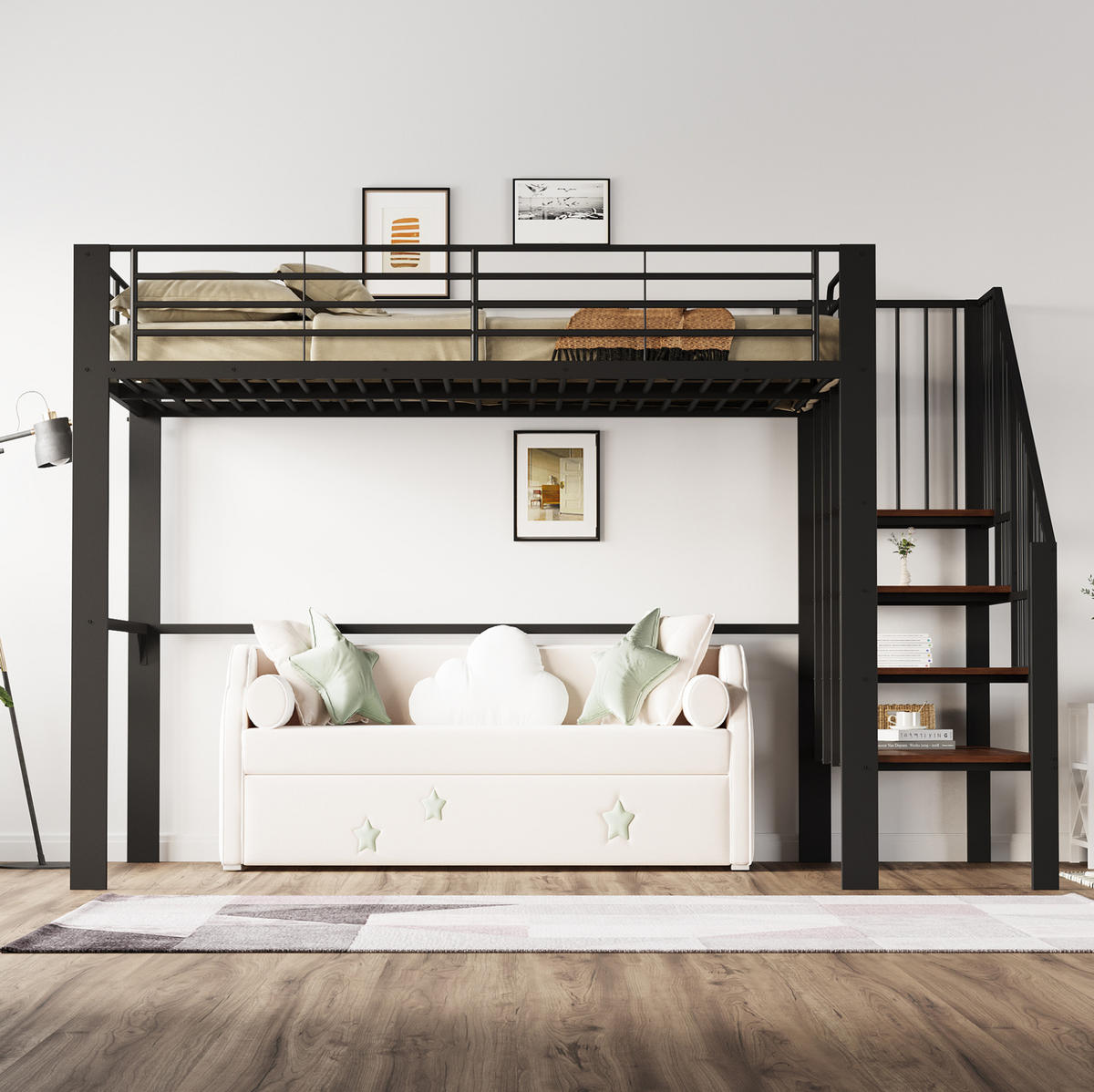 HOCHBETT 140/200 cm mit Treppe und Stauraum, stabile Metall- Holzwerkstoff-Konstruktion, Schwarz - Schwarz, Metall (140/200cm) - Redom