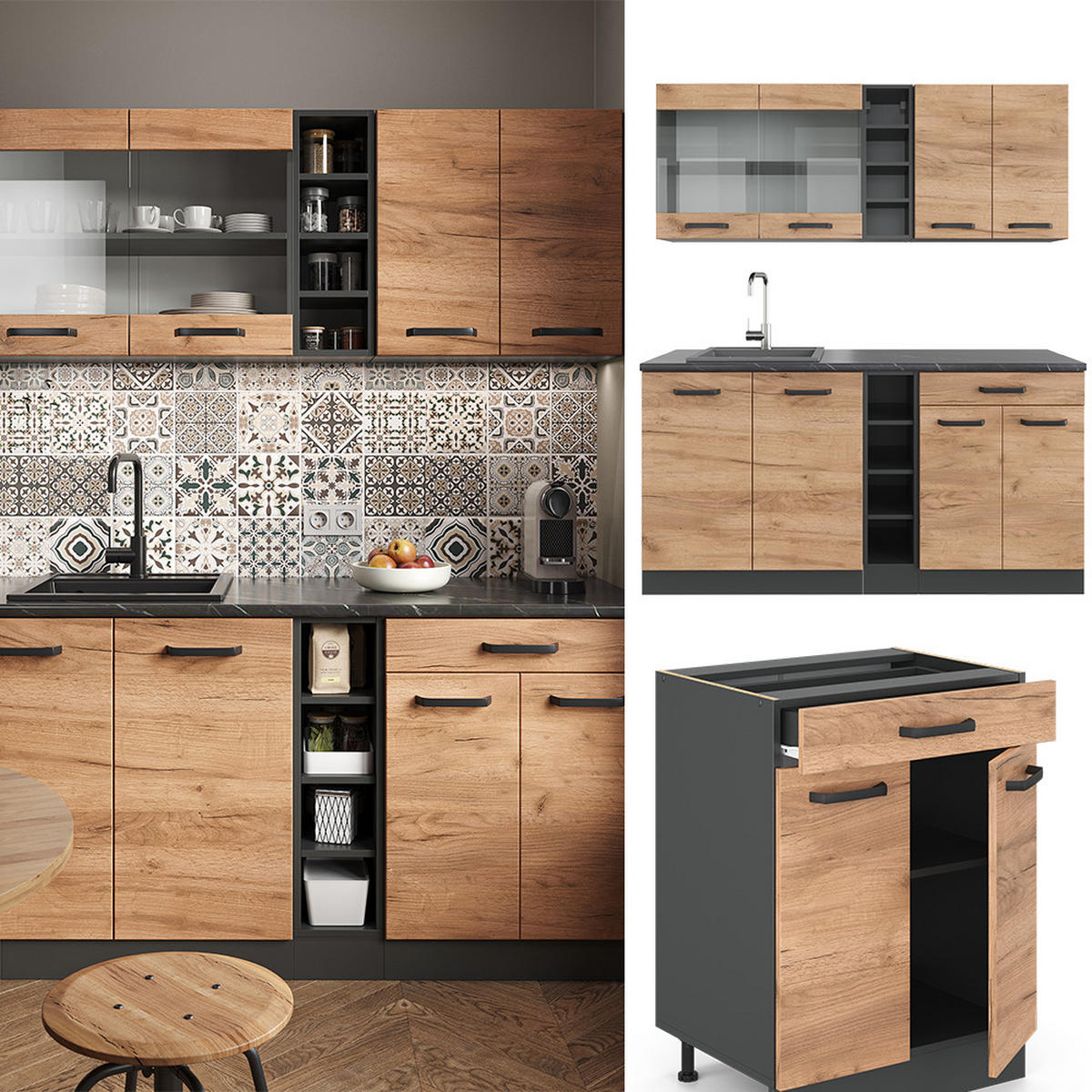 SINGLEKÜCHE R-Line Goldkraft Eiche/Anthrazit 160 cm ohne AP - Anthrazit/Eiche Wotan, Holzwerkstoff (160/81.6/46cm) - Vicco