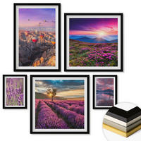 WANDBILDER 5er-Set - 50x50 cm & 20x30 cm & 40x60 cm Schwarzer Rahmen - Sonnenuntergang auf Lavendelfeldern - Schwarz, Kunststoff (40/60cm) - ArtPrintCave