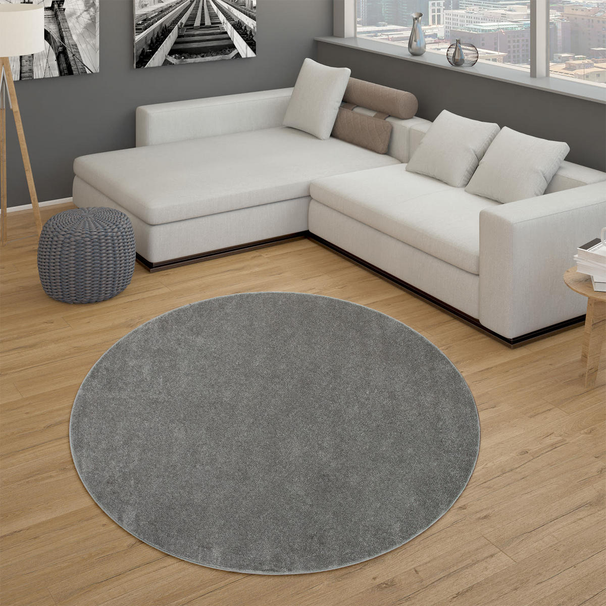 KURZFLORTEPPICH Waschbar, einfarbig, Anthrazit, Ø 120 cm - Anthrazit, Textil (120/120cm) - KADIMA DESIGN