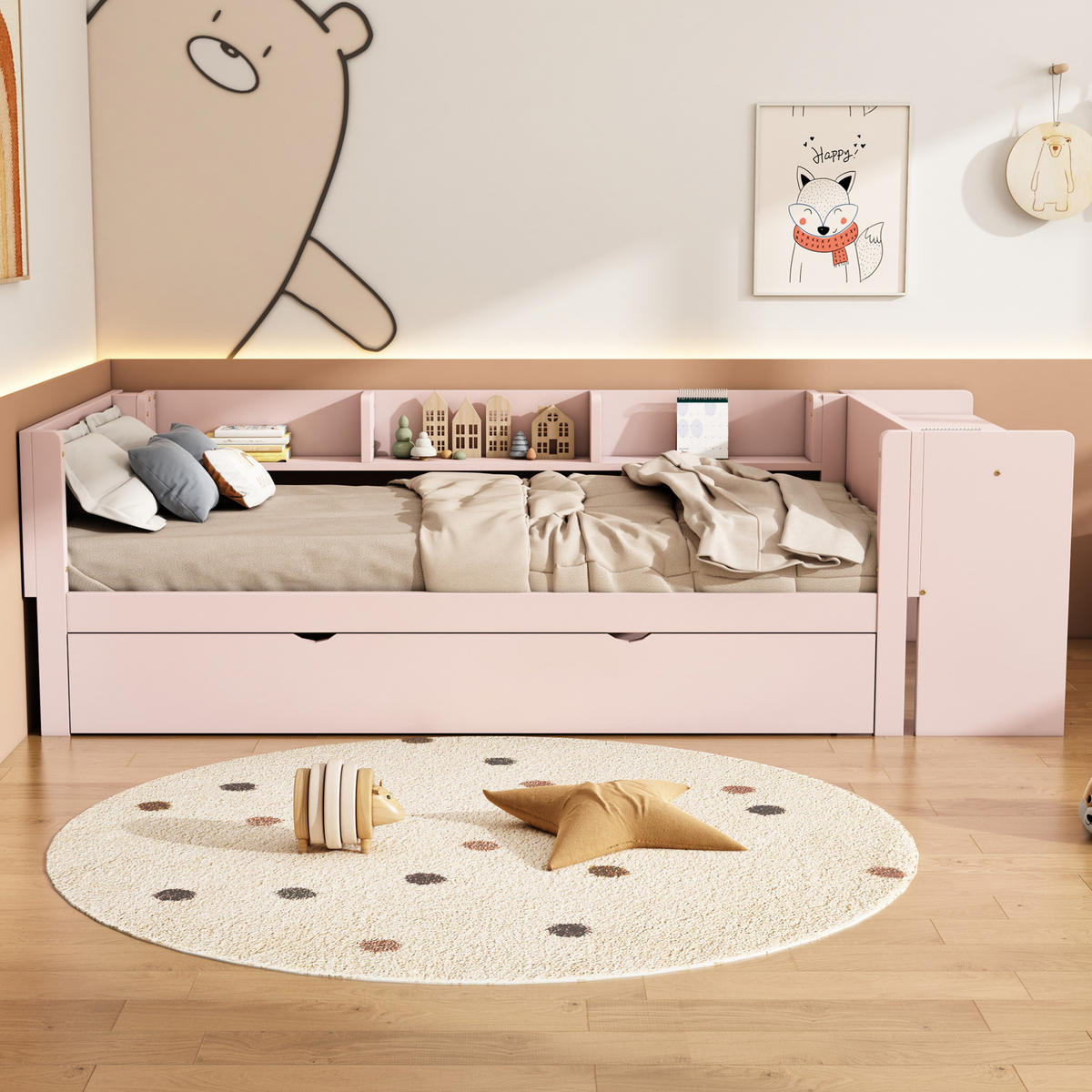 BETT 90/200 cm Rosa mit Ausziehbett, Schreibtisch und 3 Regalen - Rosa, Holz (90/200cm) - Flora Grace