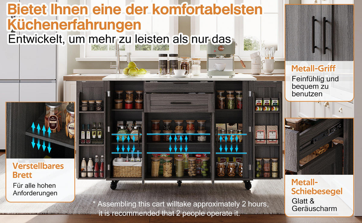 KÜCHENINSEL 136/92/70 cm Grau aus MDF mit ausziehbarer Arbeitsplatte - Grau, Holzwerkstoff (70/92/136cm) - OKMYHOME