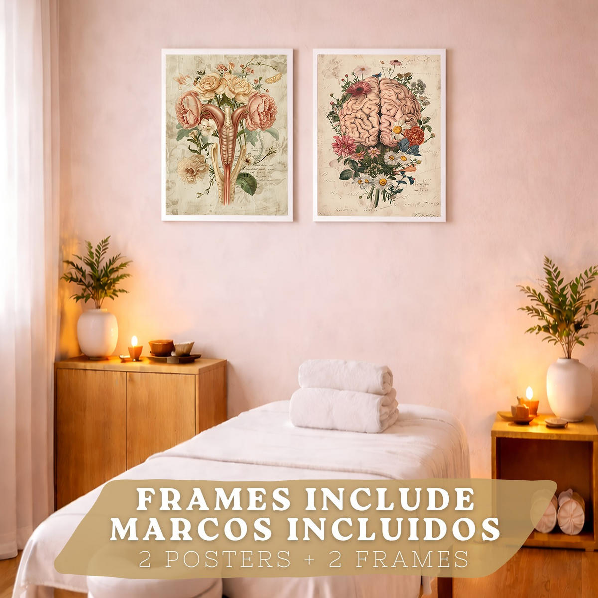 POSTER Set aus 2 Weibliche Anatomie Drucke und Wandbilder mit Gehirn und Gebärmutter Botanischer Retro Vintage Floraler Stil Größe Weißer Rahmen A3 - Weiß, Papier (29.7/42/3cm) - Nacnic