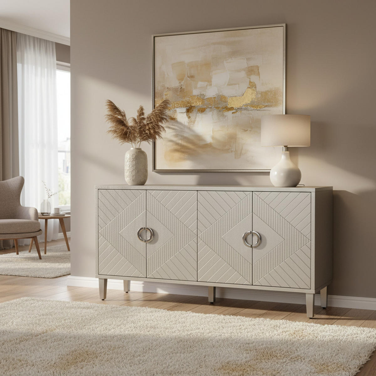 SIDEBOARD Grau Holzoptik mit 4 Türen & Kiefernholzbeinen - Grau, Holzwerkstoff (152/82.5/40cm) - Urban Meuble