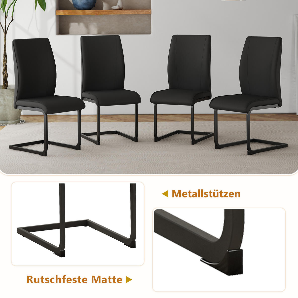 ESSGRUPPE DE-39342 5-teilig, mit Abstellregal und 4 PU-Sesseln Schwarz - Schwarz, Holzwerkstoff (160/76/90cm) - ComfortXL