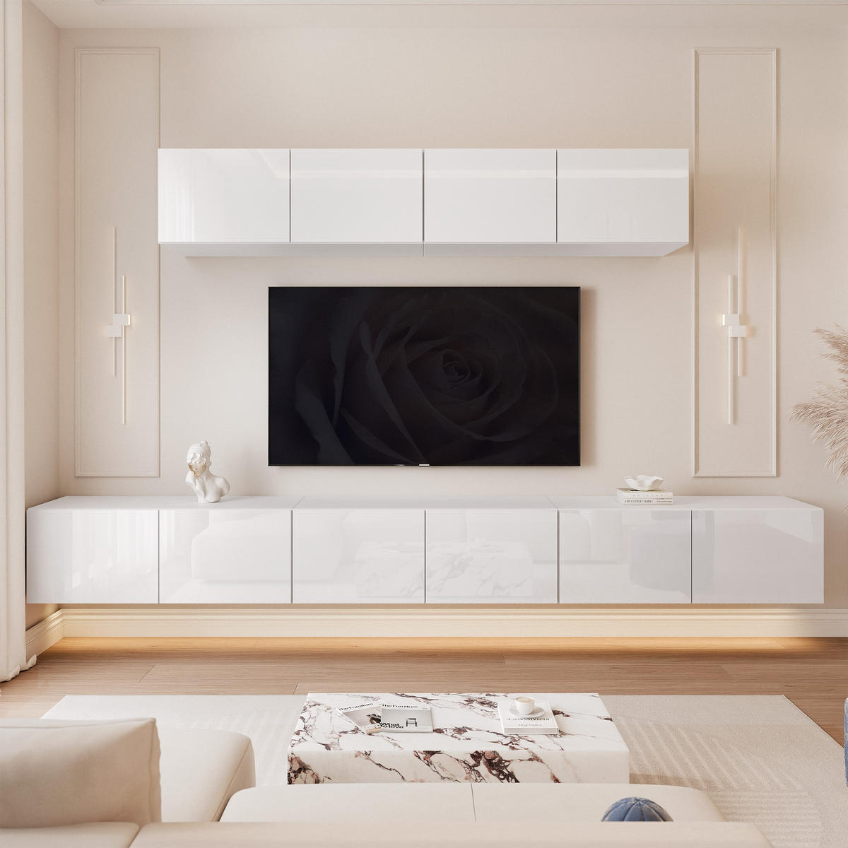 WOHNWAND ANGEL III Weiß glänzend hängend mit LED-Beleuchtung 300 cm - Weiß Hochglanz, Holzwerkstoff (300/36/40cm) - Idohome
