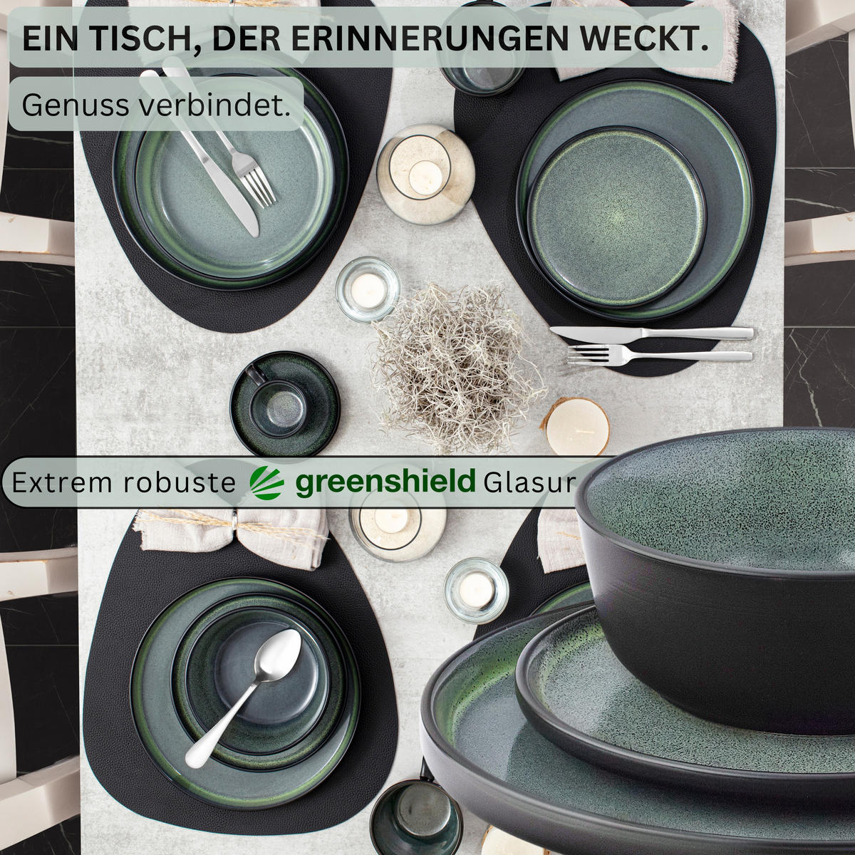 TAFELSERVICE MALMÖ - 18 teilig aus Steingut - Grün, Stein (33/34/46.5cm) - Sänger