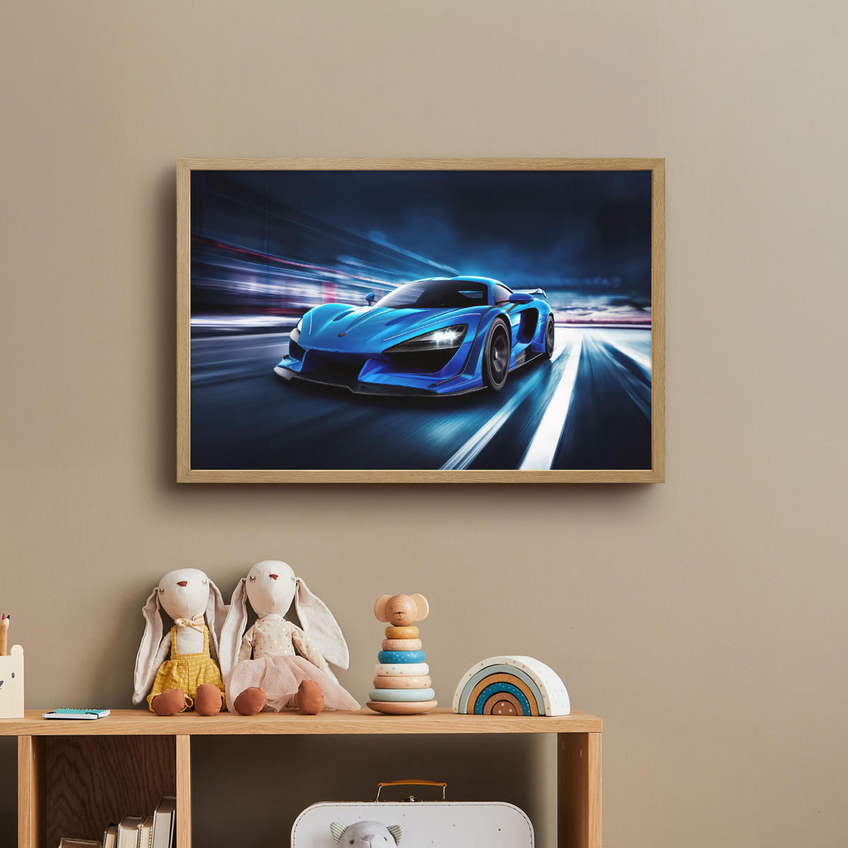 DOBÍJECÍ NOČNÍ LAMPIČKA Auto - Modrá - Chlapci - Dítě 60x40 cm - modrá, kompozitní dřevo (8/60/40cm) - OnlyWow