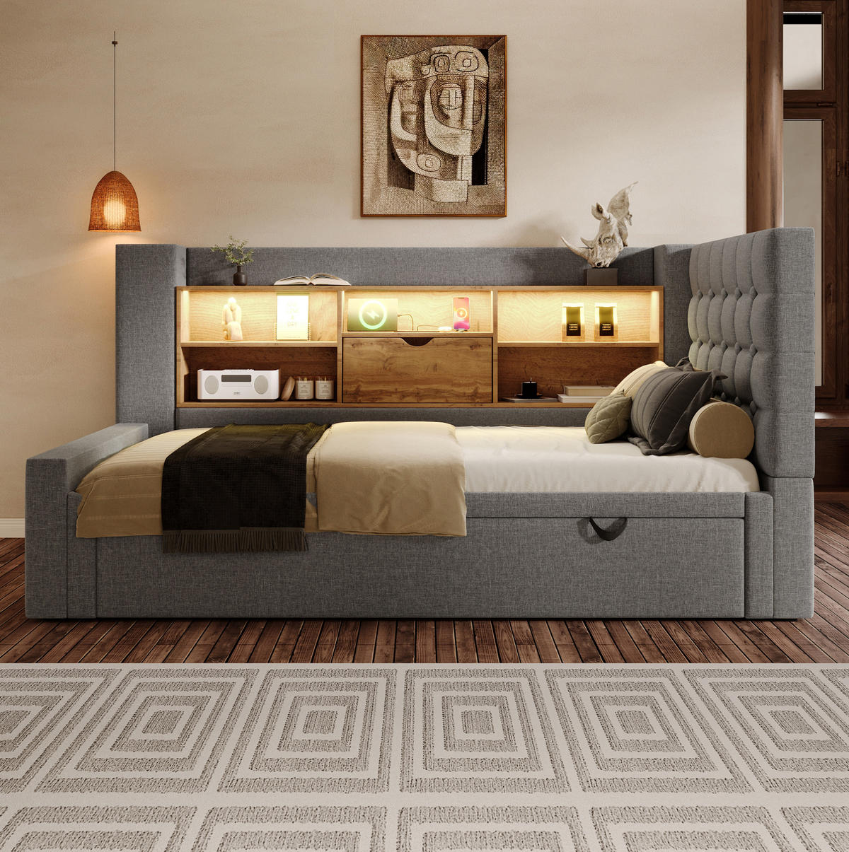 BETT mit Ausziehbett und LED 90x200 cm Leinen Grau - Grau, Metall (90/200cm) - Meubliv