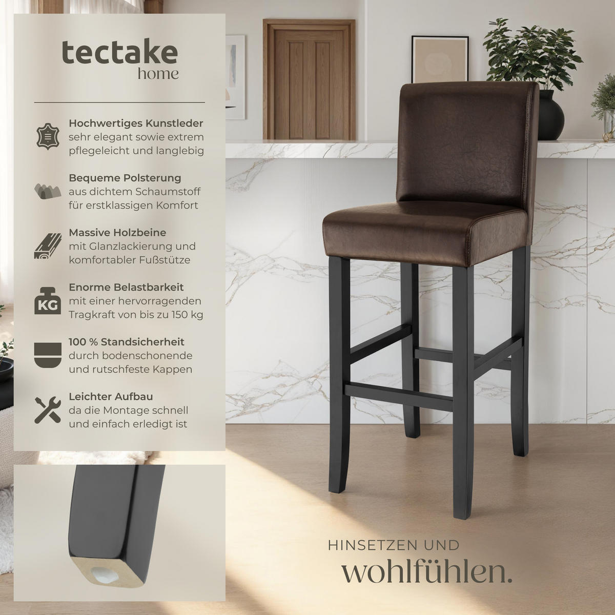 BARHOCKER 4er Set Kunstleder, Sitzhöhe 76 cm,antikbraun - Braun, Holz (40/107/41cm) - tectake