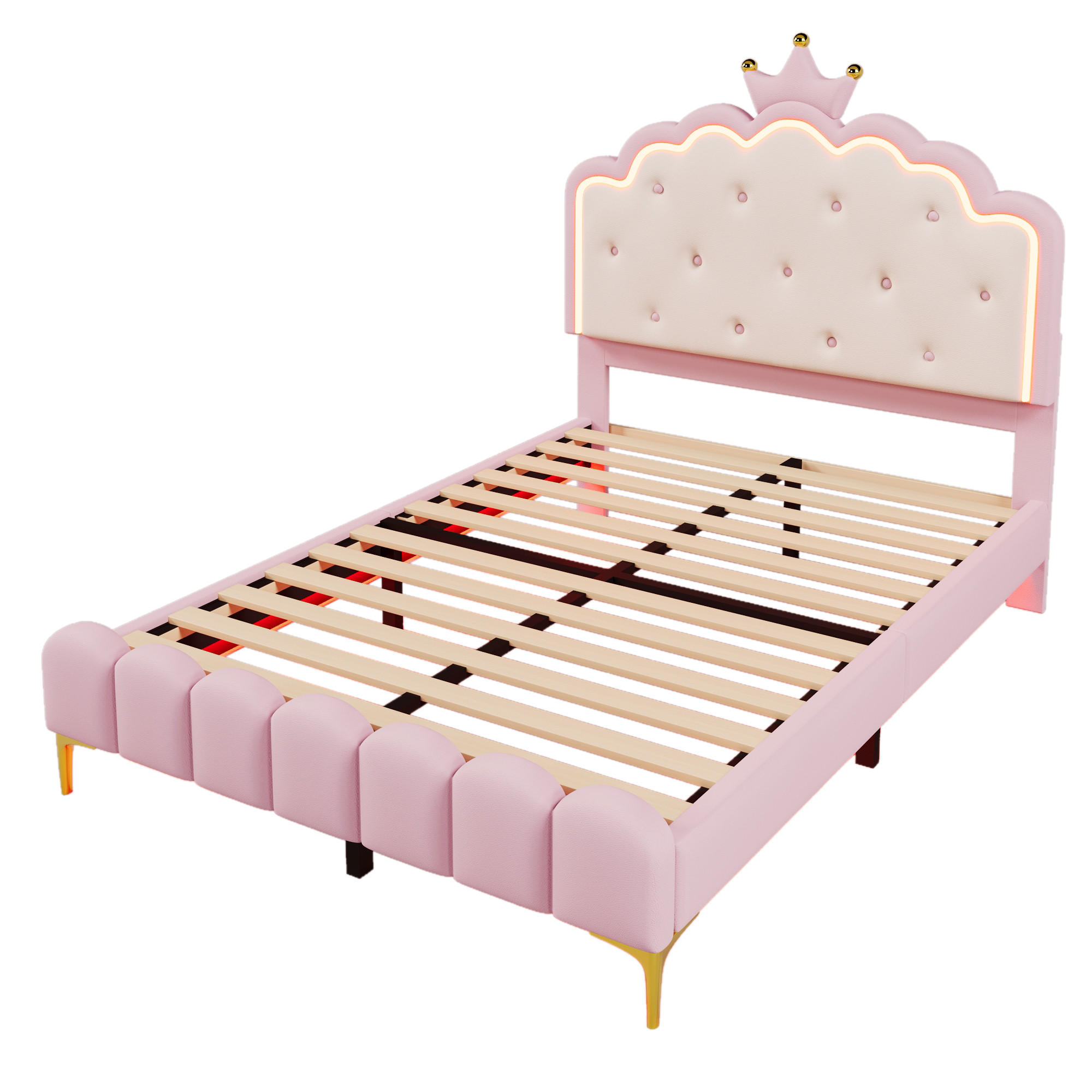 POLSTERBETT 140/200 cm DE-03186, mit LED-Fernbedienung und Kronprinzessinnen-Design, in Rosa - Pink, Holzwerkstoff/Metall (140/200cm) - ComfortXL