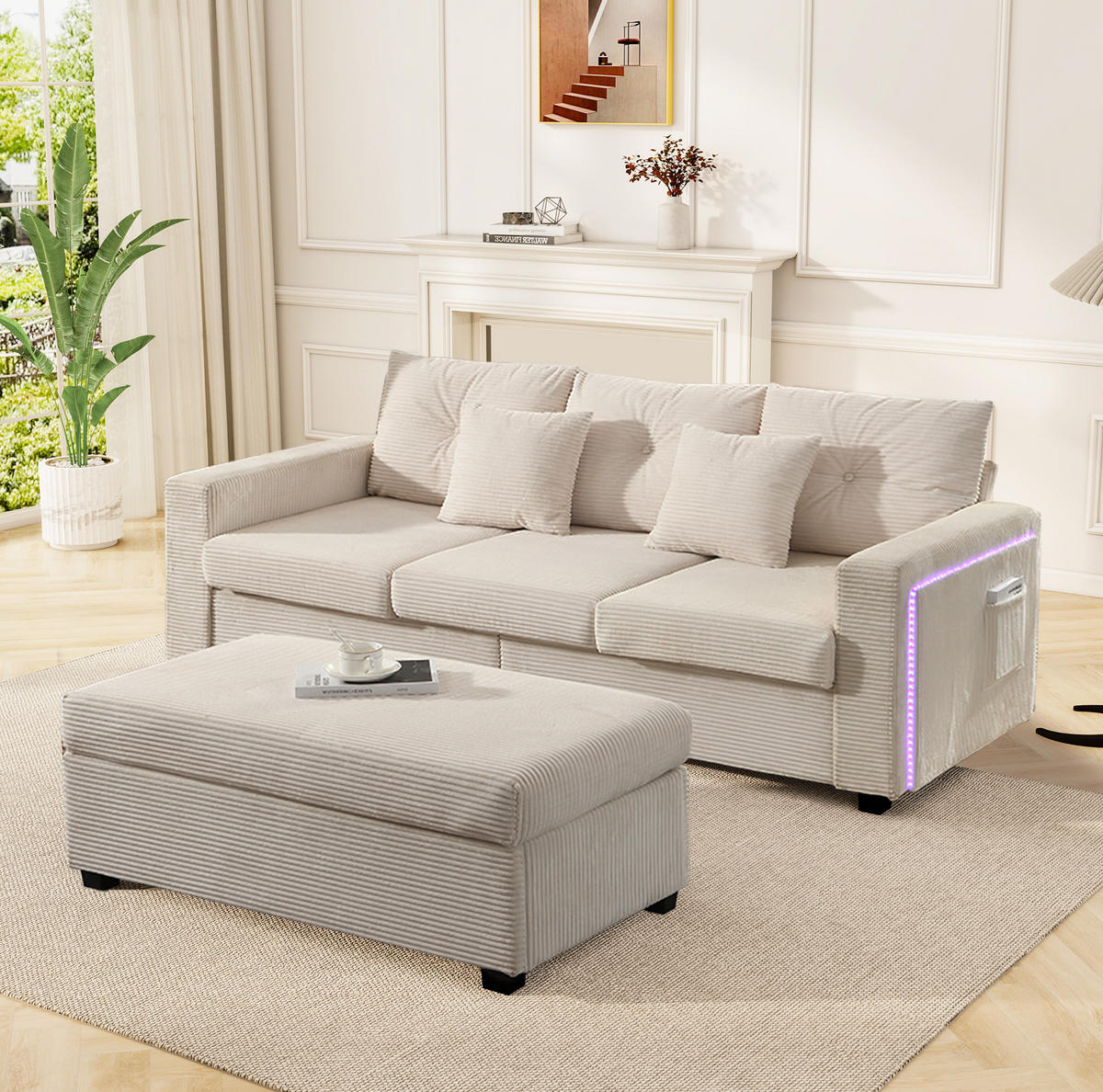 SOFA L-Form mit LED und Hocker Cord Beige 5-Kissen-Set - Beige, Kunststoff (184/84.5cm) - IVMEU